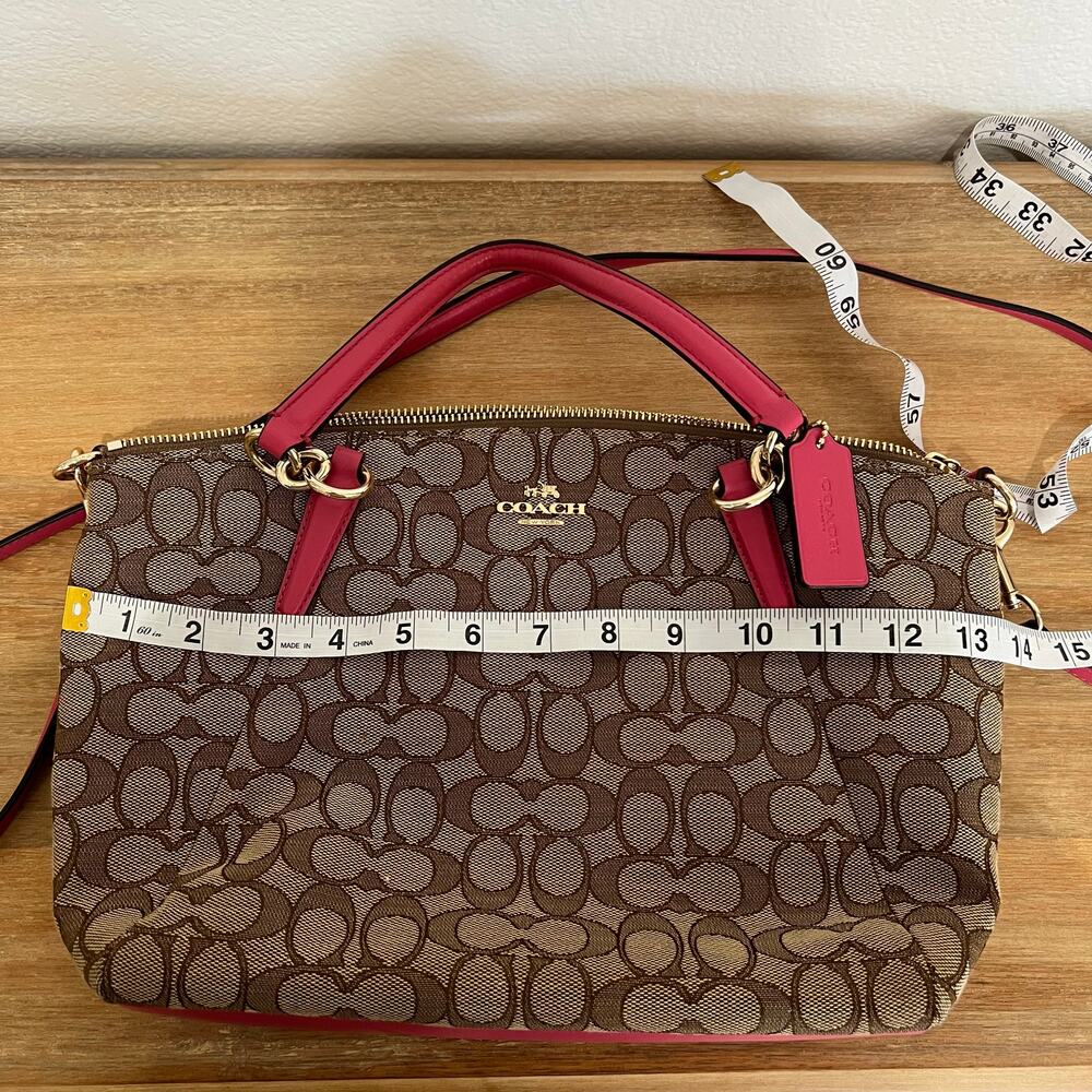 Coach Signature Logo Print Kelsey Bag Purse Canvas Brown Pink Gold Hardware - Picture 13 of 15